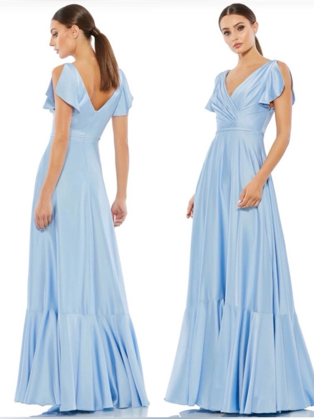 NWT IEENA MAC DUGGAL 11256 Blue Flounce Sleeve Satin Gown Dress Sz 24 $498